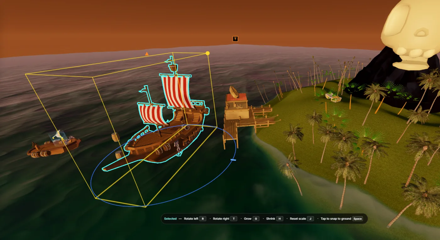 A ship selected with move, rotate and scale handles beside a volcano island
