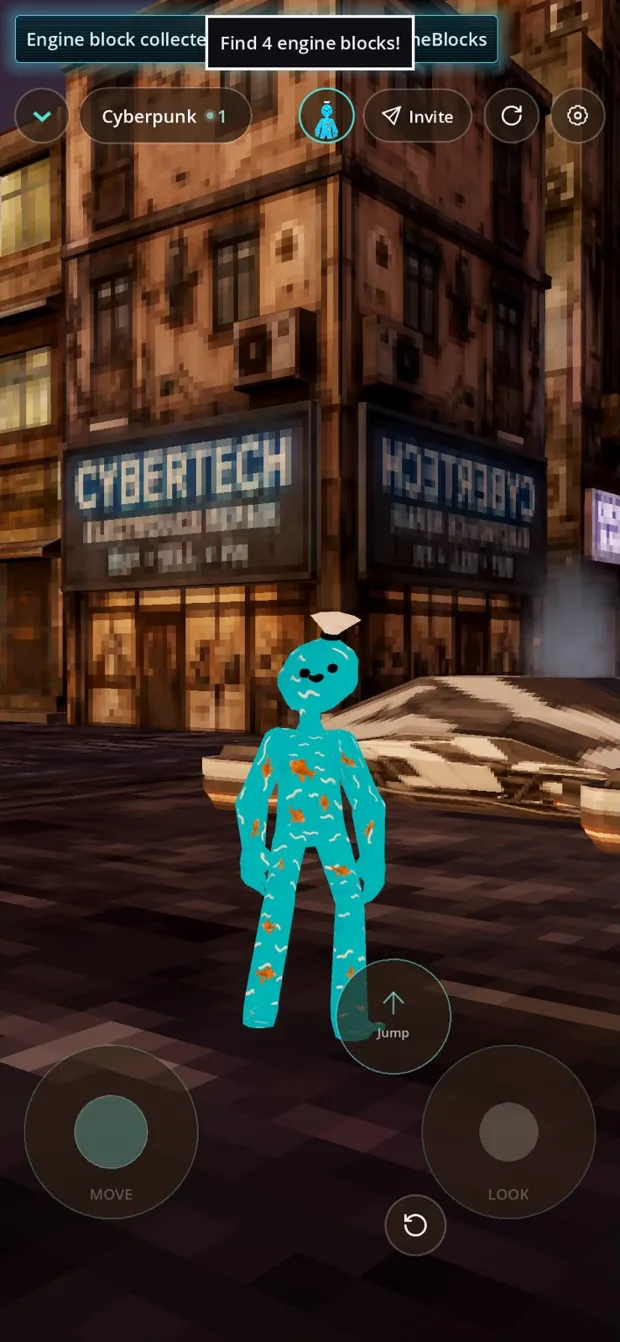 A player in the Cyberpunk world with the goal Find 4 engine blocks