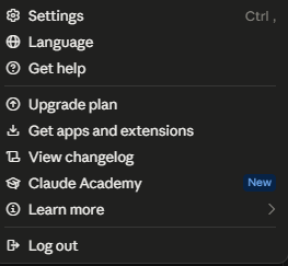 The Claude account menu open at the bottom left with Settings selected
