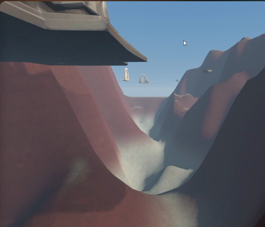 Stone ruins hanging in mid air above the canyon instead of resting on the ground