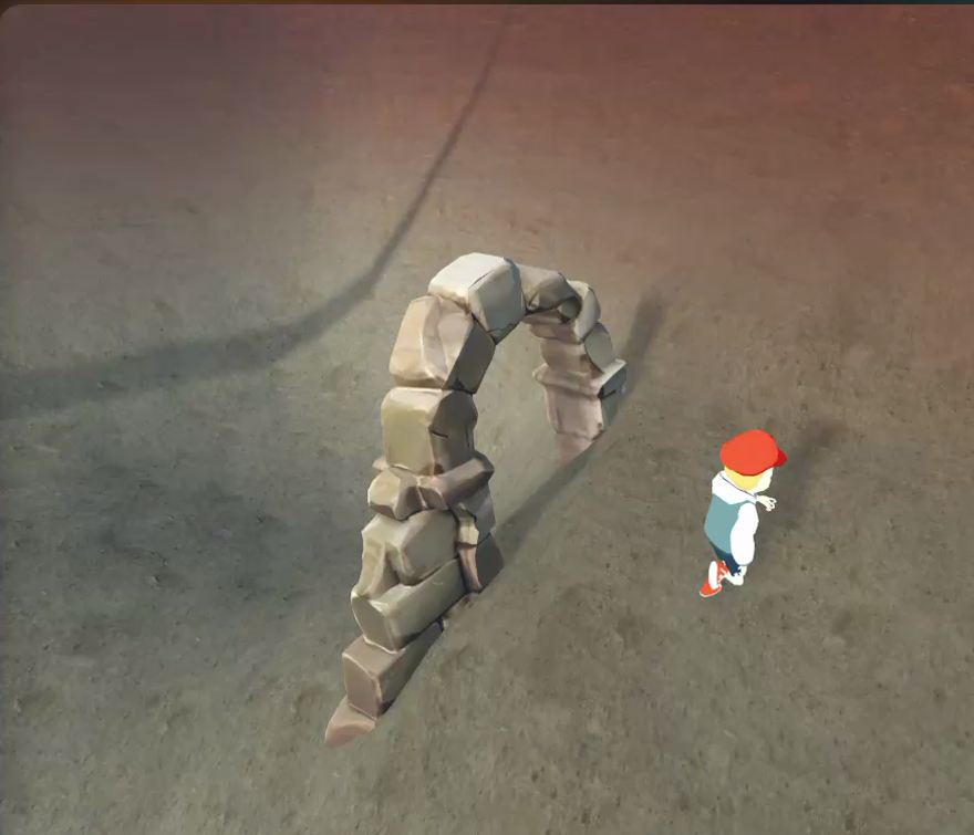 A stone archway resting on the canyon floor casting a shadow, with a character beside it for scale