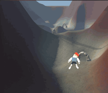 A character running through the canyon past a standing stone archway