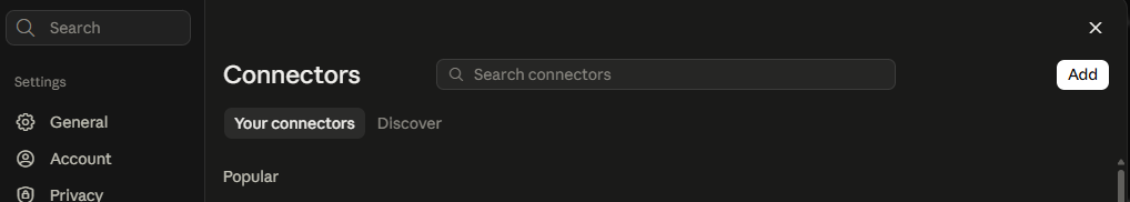 The Connectors page in Claude settings with the Add button in the top right
