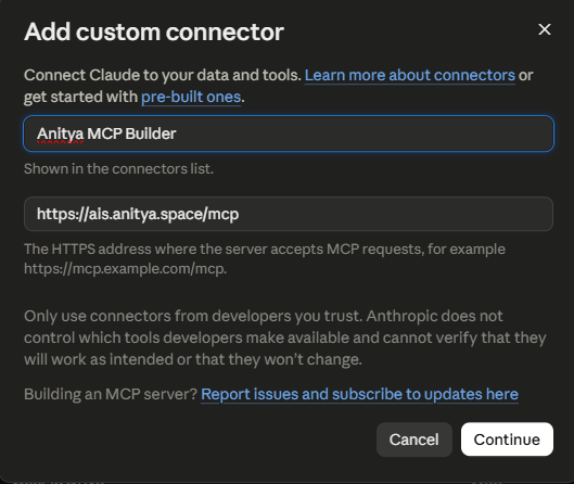 The Add custom connector dialog with the name Anitya MCP Builder and the Anitya server address filled in