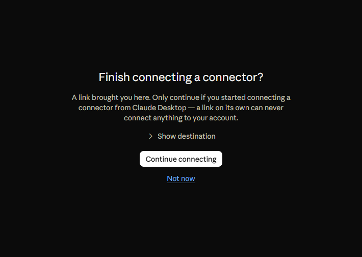 Claude asking the user to confirm finishing the connector setup