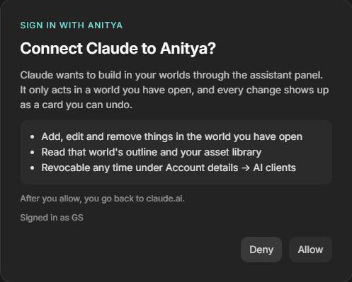 The Anitya permission screen asking whether Claude can build in your worlds, with Deny and Allow buttons