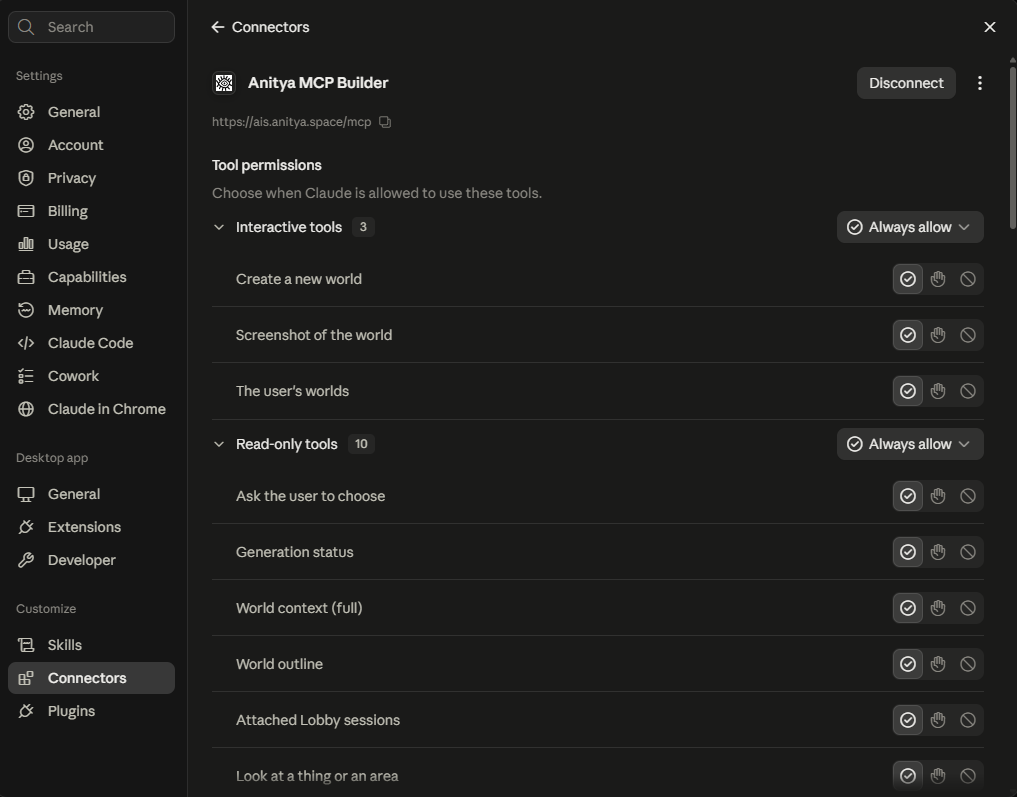 The Anitya MCP Builder connector page with its tool permissions set to Always allow